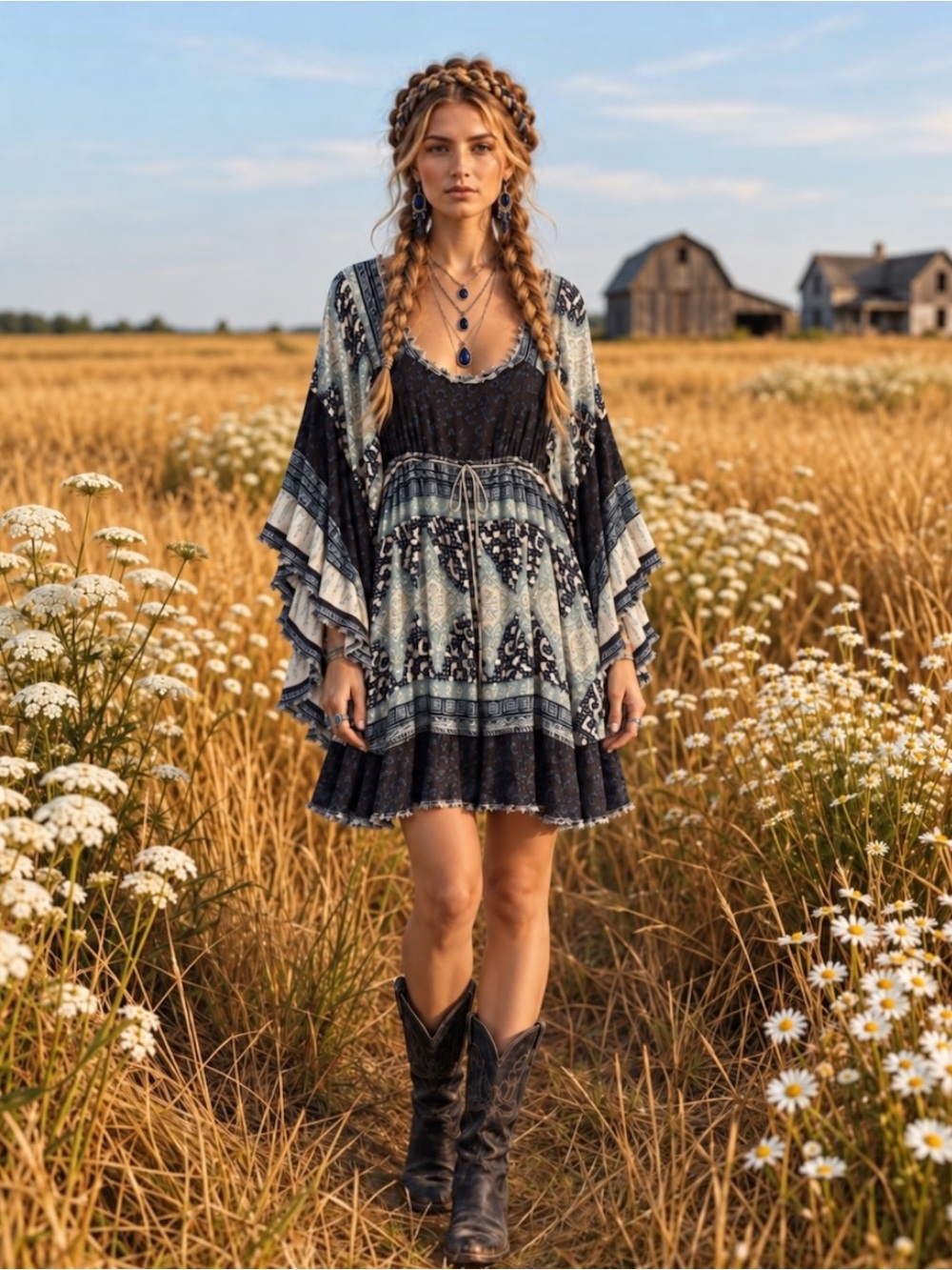 Free People Heart of Gold Indigo Blue Mini Dress M Boho Bell Sleeve Festival